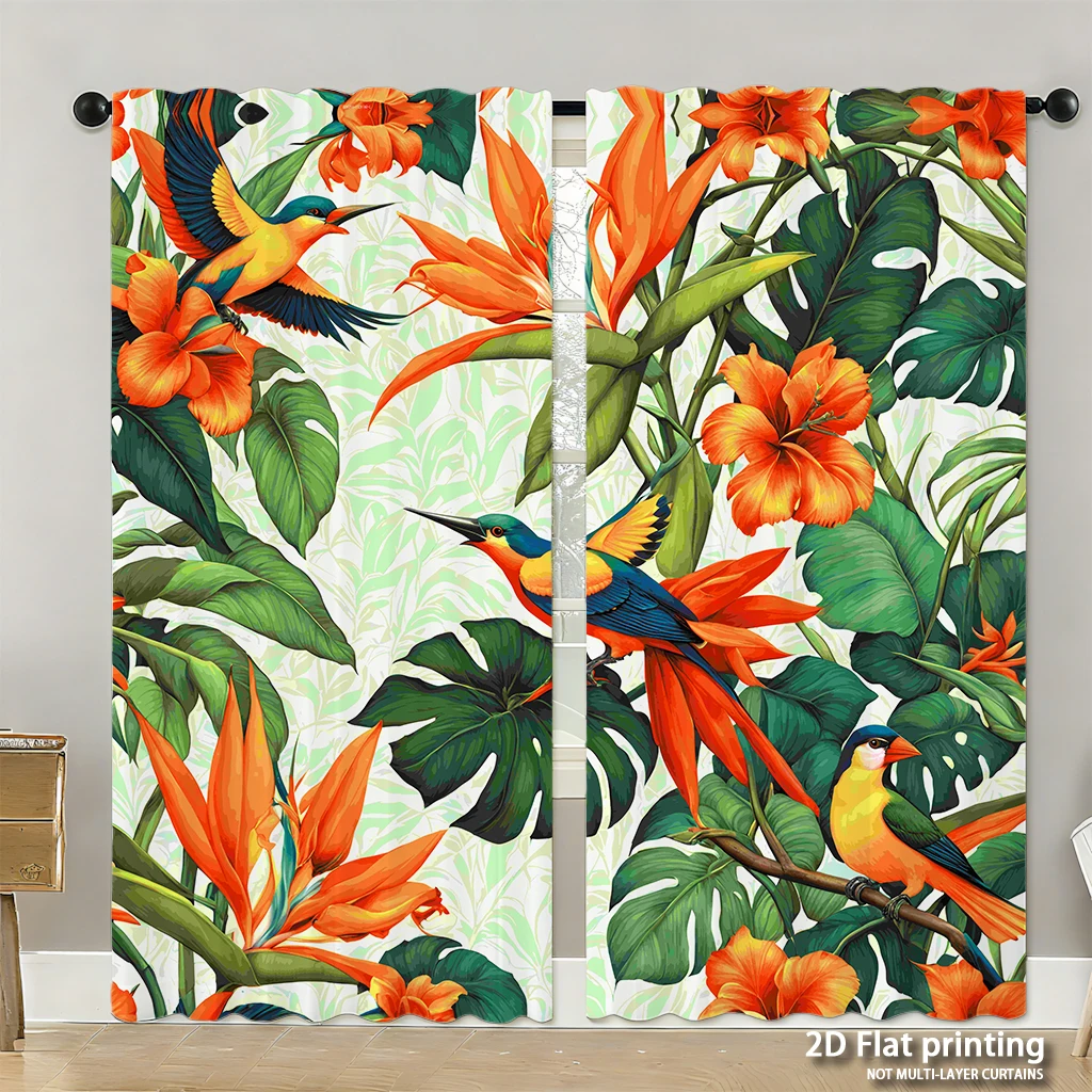 

2-piece set of high-definition digital printed curtainstropicalFloralPatternBirdsOrangeGreenHome decoration style