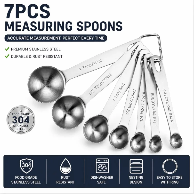

7-piece Measuring Spoon Set, Food Grade, 304 Stainless Steel, Baking Tool with Graduations