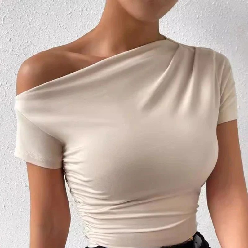 

Nice Solid One Shoulder T-shirt, Elegant Short Sleeve Ruched Top For Spring & Summer, Women's Clothing