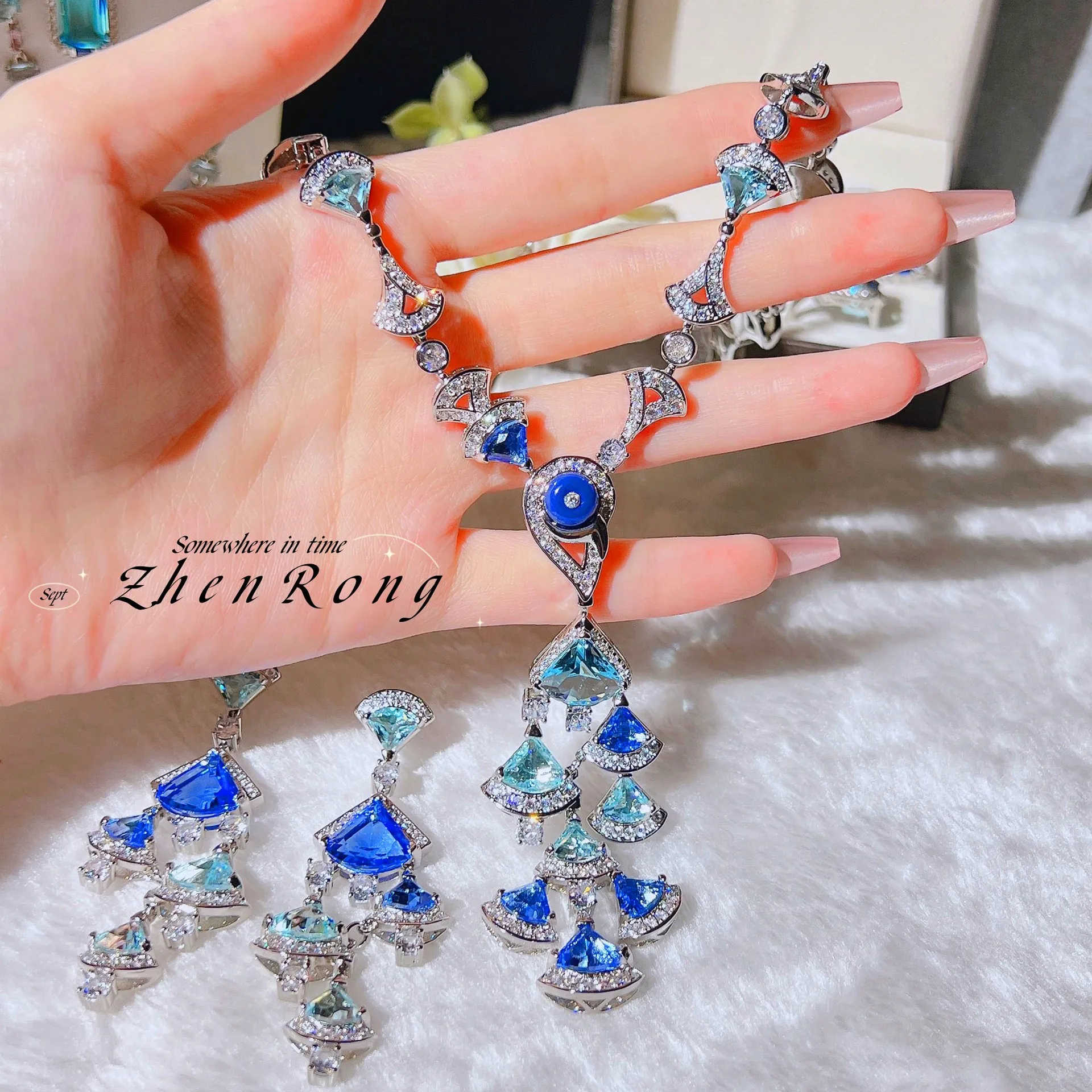 Luxury White Gold Plated Skirt Sea Blue CZ Jewelry Sets for Women Exquisite Crystal Drop Earring Necklace Wedding Accessories