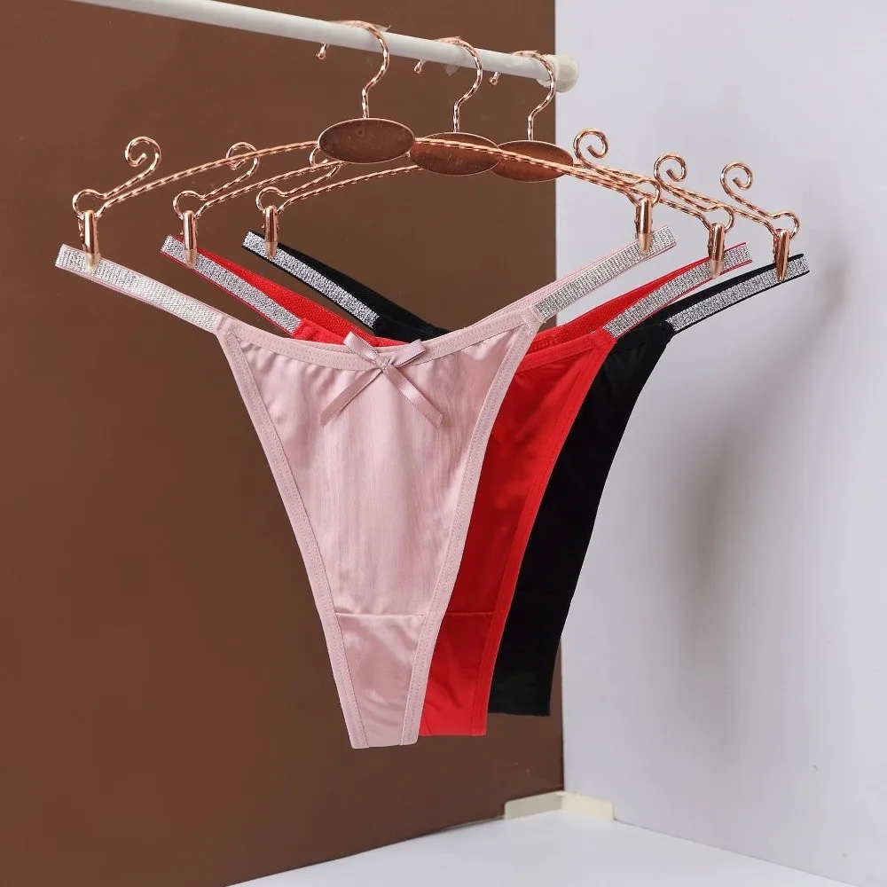 Cotton Crotch Sheer Glossy Bow Thong Silver Waist Strap Bowknot Women Bow Briefs Hollow Low Waist Romantic Panties Ladies