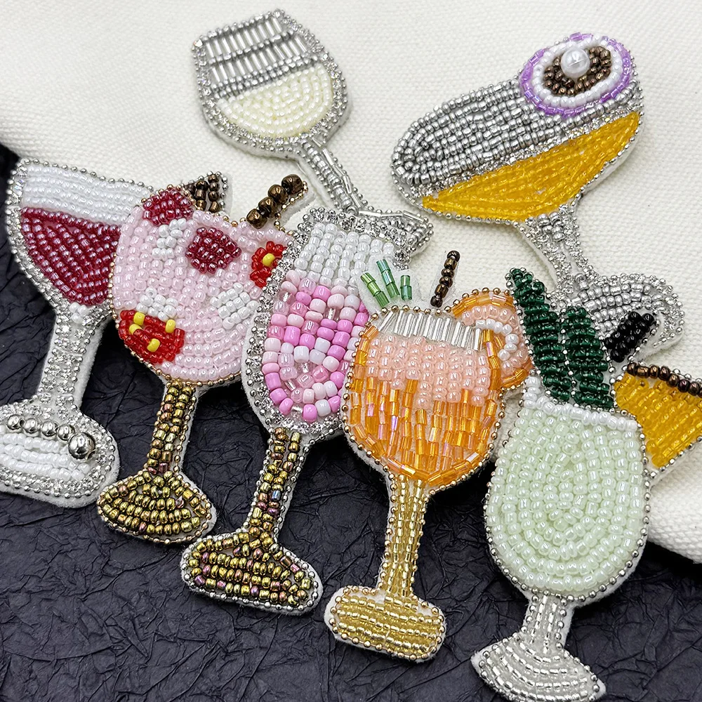Handmade Drink Cup Champagne Cocktail Iron on Patches,Embroidered Appliques for Clothing Bags Shoes Hats Decorations