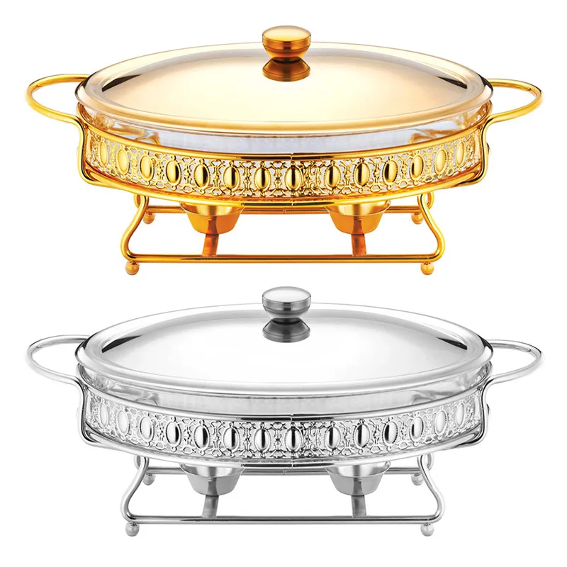 

Luxury Golden Oval Buffet Glass Made of Stainless Steel, Ideal for Hotel Weddings And Dining. Perfect for Catering And Serving,