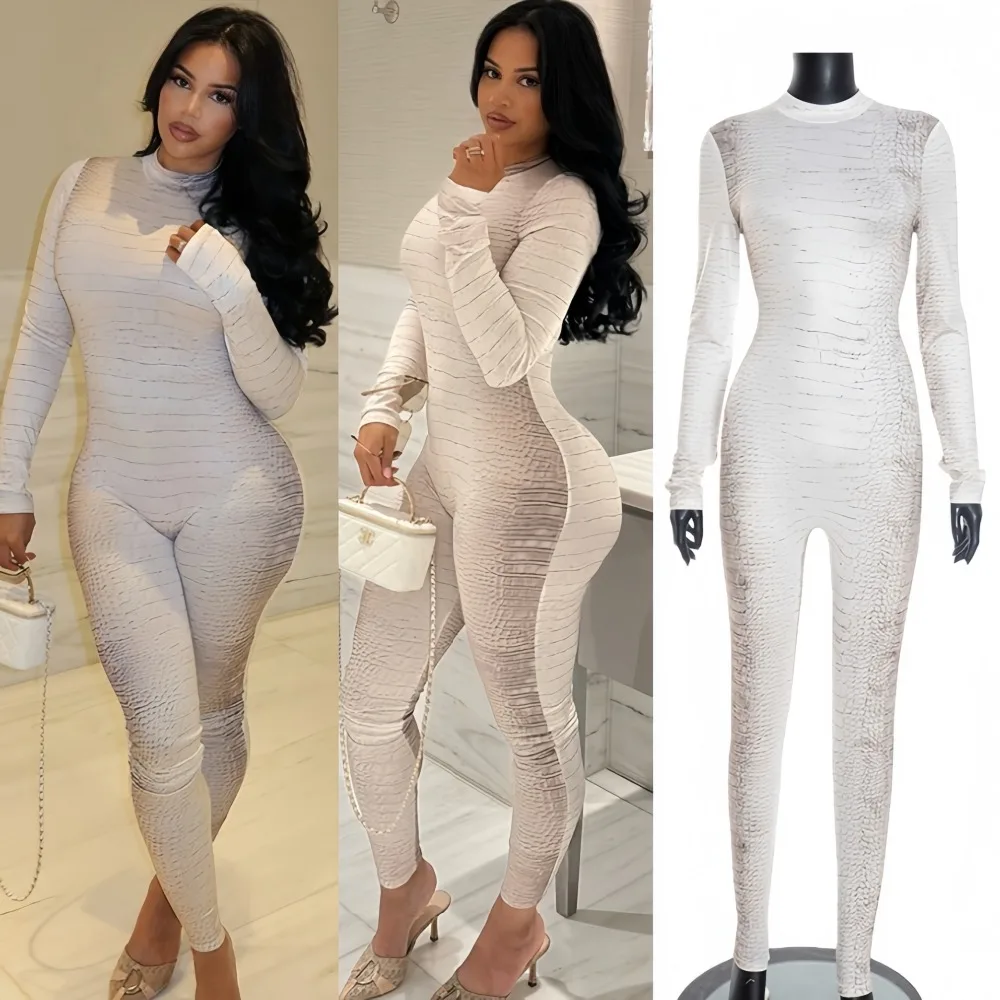 

FAGADOER Sexy Snake Pattern Patchwork Bodycon Jumpsuits Women Long Sleeves Round Neck Rompers Fashion Streetwear Overalls New