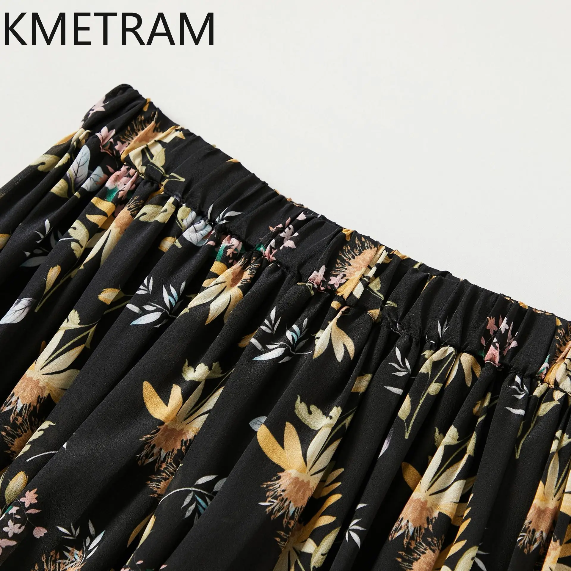 KMETRAM 100% Mulberry Silk Women's Skirts Double Crepe Silk Long Skirt Summer Printed Skirts 2026 Woman Clothes roupas feminina