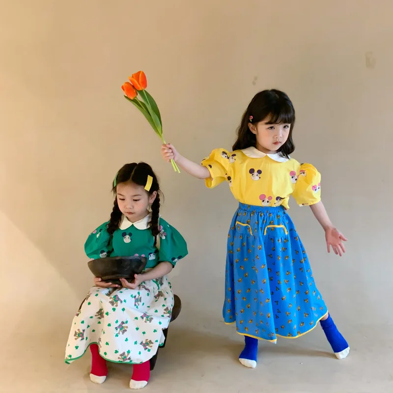 Summer Korean Children Girl 2PCS Clothes Set Cotton Cartoon Print Peter Pan Collar Top Elastic Waist Bear Skirt Baby Girl Outfit