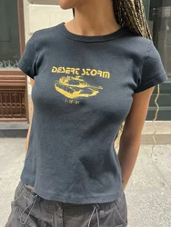 Casual Women Letter Print Slim Crop Top Round Neck Cotton Short Sleeve Summer Casual Vintage Tees Female Streetwear T-shirts New