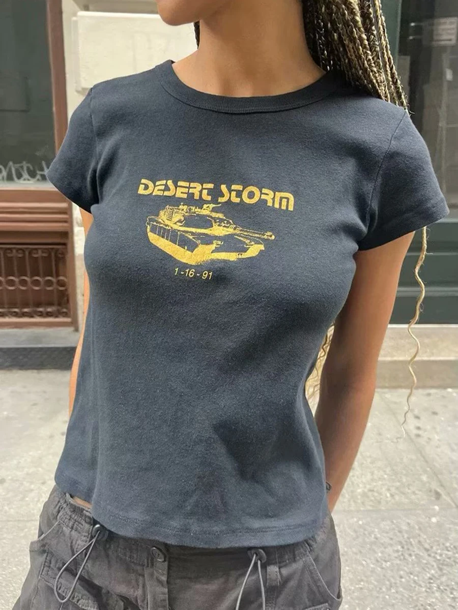 Casual Women Letter Print Slim Crop Top Round Neck Cotton Short Sleeve Summer Casual Vintage Tees Female Streetwear T-shirts New