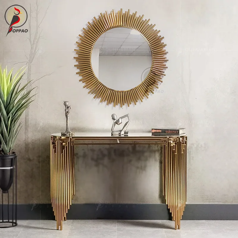 Tempered glass hotel living room marble sun mirror entrance table
