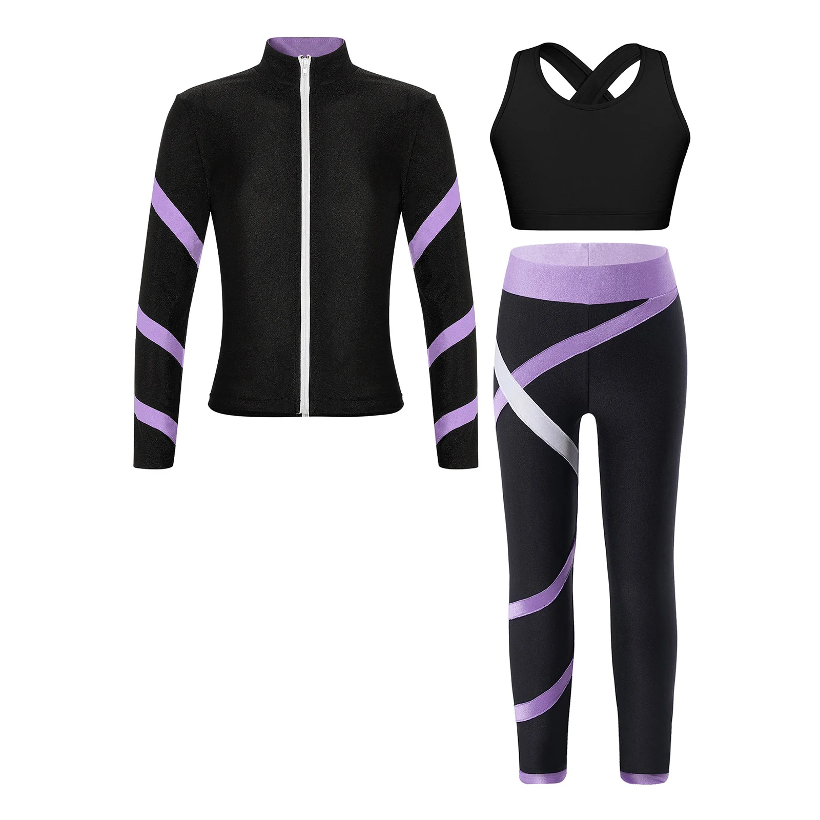 Kids Girls Tracksuit Gym Sport Outfit Gymnastic Figure Skating Costume Clothing Set for Yoga Workout Running Coats Leggings Tops