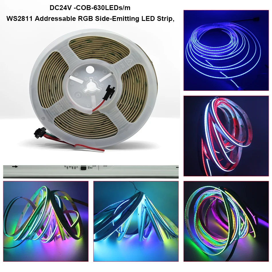 DC24V WS2811 RGBIC Side Emitting Flexible COB LED Strip 630LEDs/m Addressable Dream Color RGB LED Tape Light