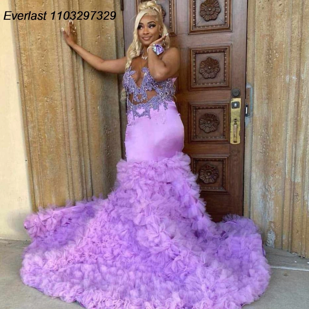 EVLAST Customized Lavender Ruffles Prom Dress For Black Girls Diamond Rhinestone Beaded Mermaid Formal Party Gala Gown TPD123