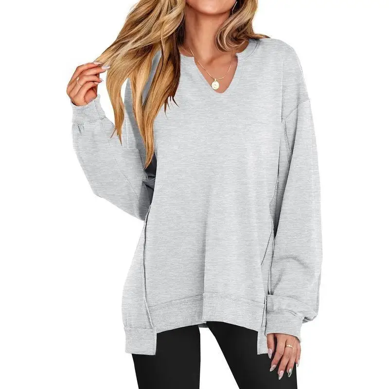 

Women's Oversized Long Sweatshirt V-Neck Tunic Shirt Cleanfit Style Citywalk Polyester Fiber Princess Sleeve Modal Fabric