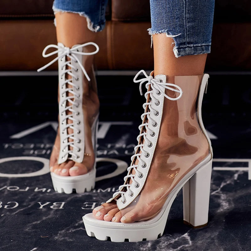 Sexy Transparent PVC Green Platform Boots Women Fashion High Quality Roma Strappy Chunky Heels Spring/Autumn Peep Toe Shoes Lady