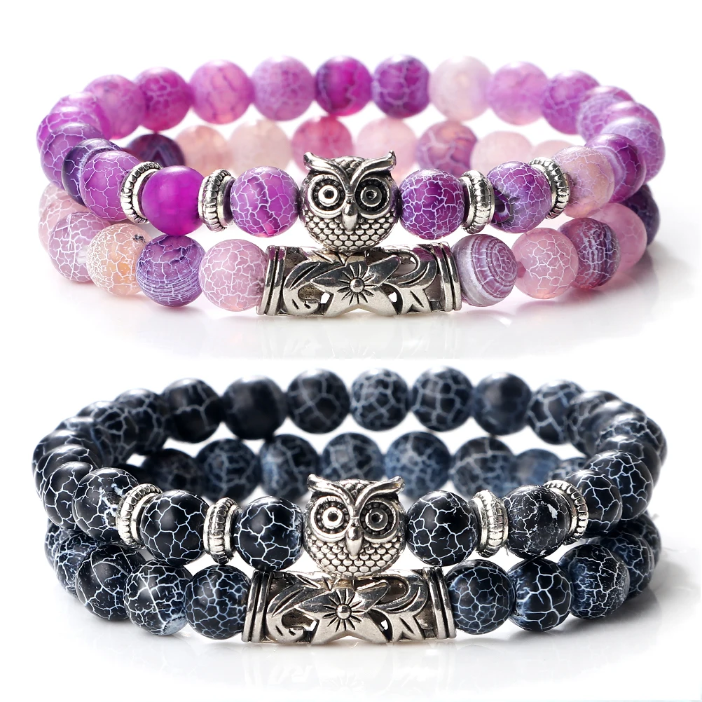 2pcs/set Couples Distance Owl Beaded Bracelets Natural Stone Black Lava Tiger Eye Weathered Stone Wristband Charm Strand Jewelry
