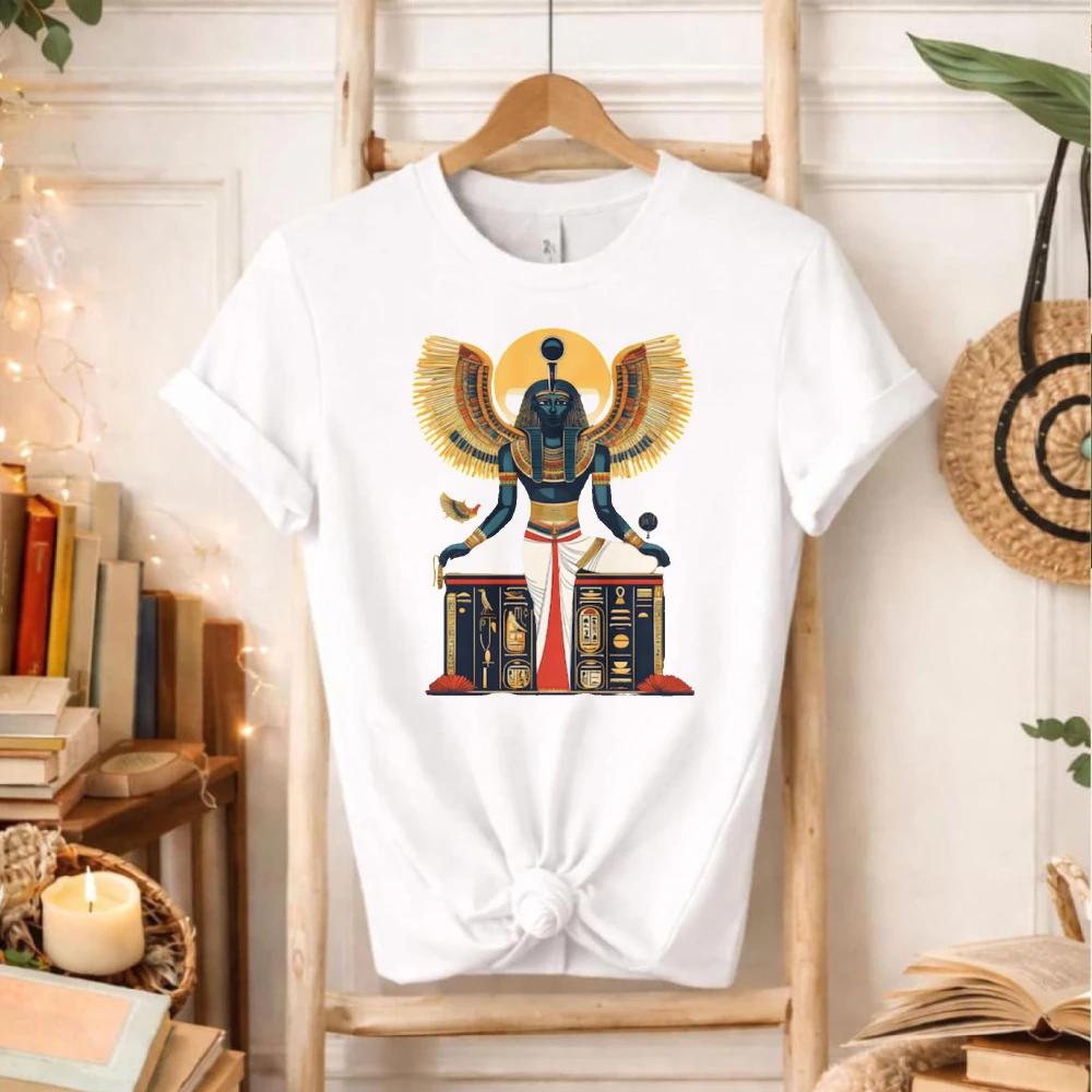 Vintage Egyptian Anubis Winged Pharaoh Sitting Statue Graphic T-Shirt Ancient Egypt God Hieroglyphs Cotton History Lover Top