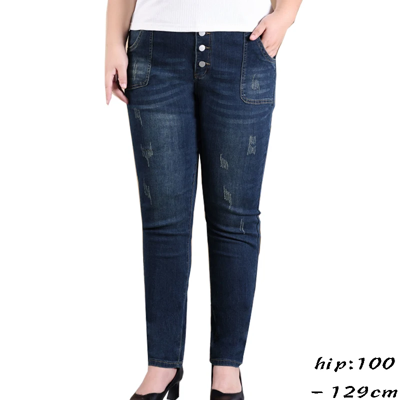 

High quality jeans for women big size stretch fabric elastic waist cotton denim ripped washing trousers casual clothing- blue