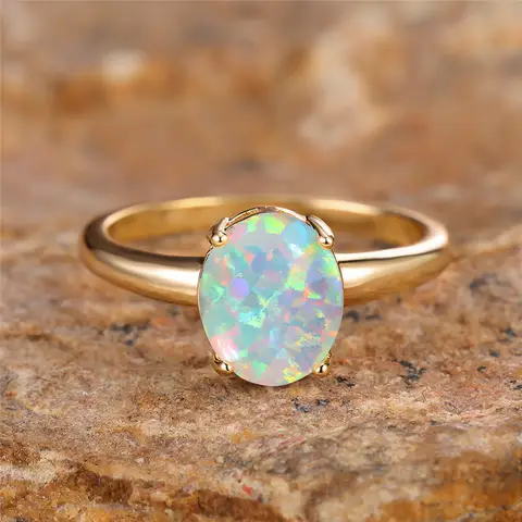White Fire Opal Egg Ring Big Oval Stone Engagement Rings For Women Vintage Gold Color Wedding Bands Jewelry Minimalist Accessory