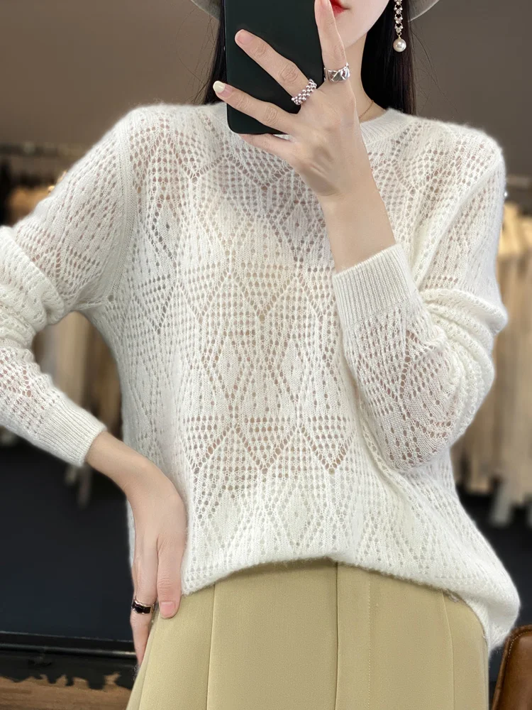 

Spring Summer 100% Merino Wool Knitwear Hollow Out Sweater O-neck Women’s Pullover Comfortable Grace Fashion Female Clothing Top