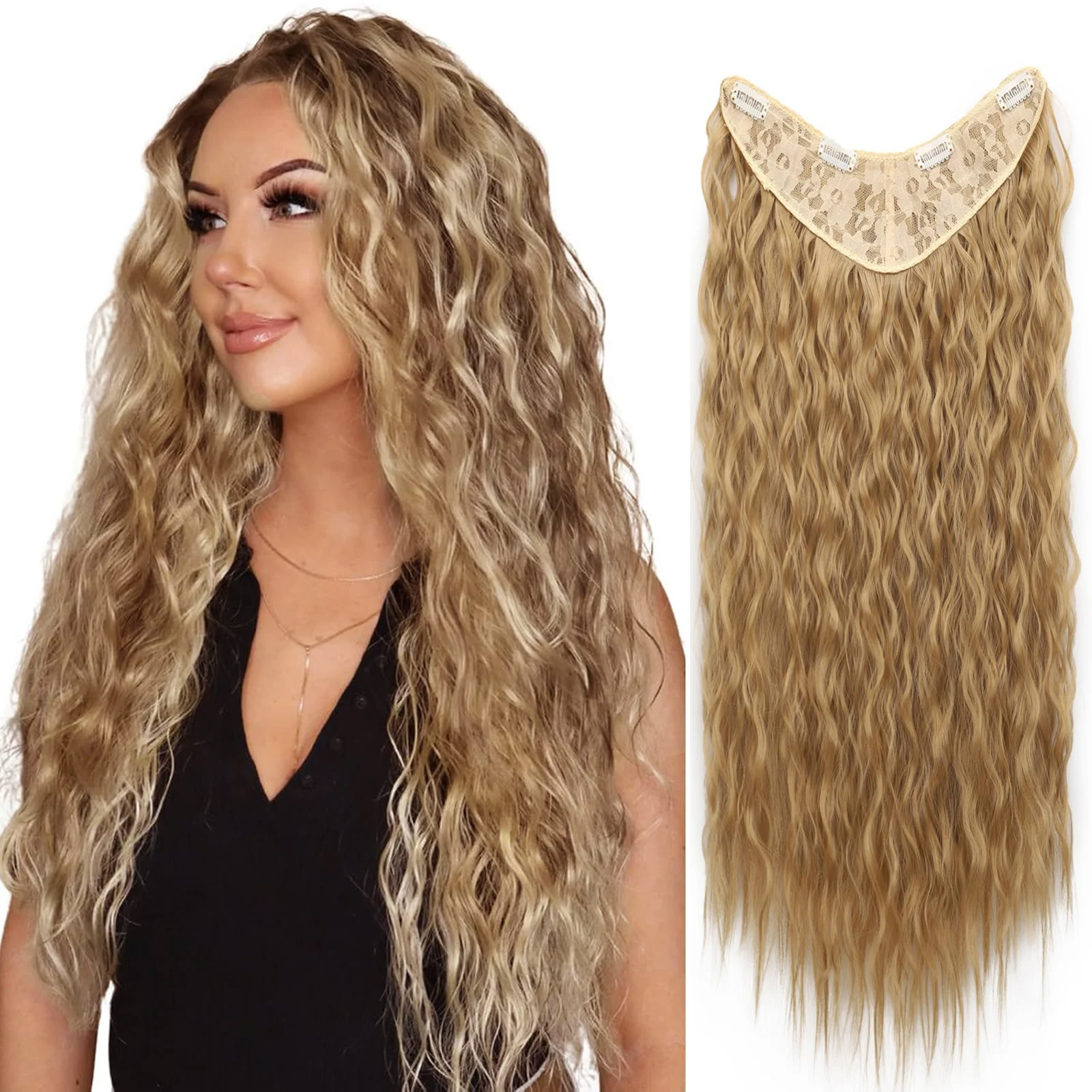 

Синтетические волосы, длинные, глубокие волнистые заколки для наращивания волос, V-образная форма, цельный с 4 зажимами, шиньоны светлого цвета для девочек