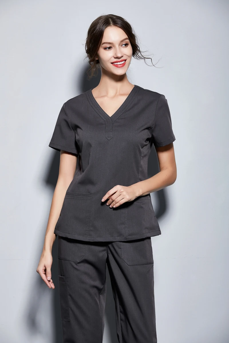 Women's Summer Y Shape Neck Dental And Pet Clinic Healthy Beauty Salon Breathable Medical Uniform Doctors Grey Sporty Scrubs Set