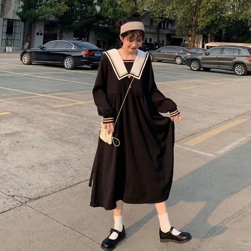 Large Size 6XL 150KG Autumn Spring High Waist Dress Women Long Sleeve Turn Down Collar Lady Black Casual Long Dresses