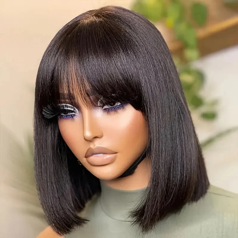 

HAIRTIME Glueless Short Bob with Bangs Human Hair Wig Straight Bob Wigs for Woman Black Color Human Hair Wig Brazilian Remy Hair