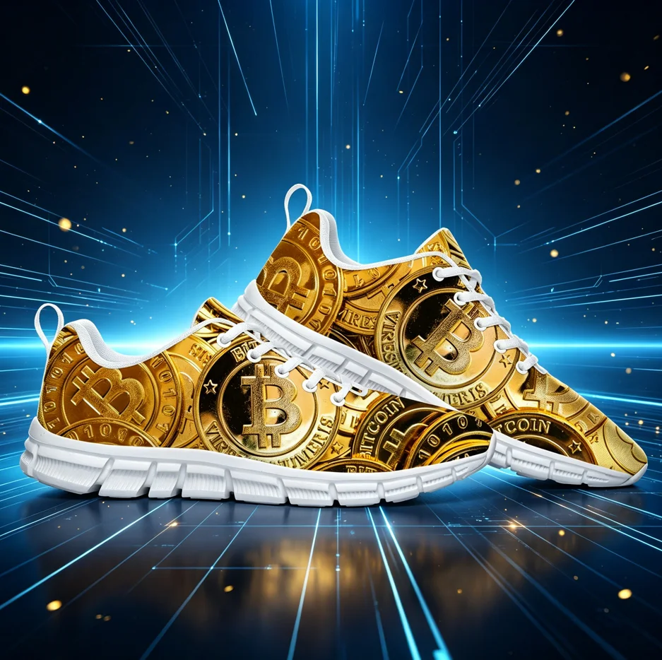 Retro-style Bitcoin custom sneakers, unisex daily casual shoes, printed design, breathable and comfortable.