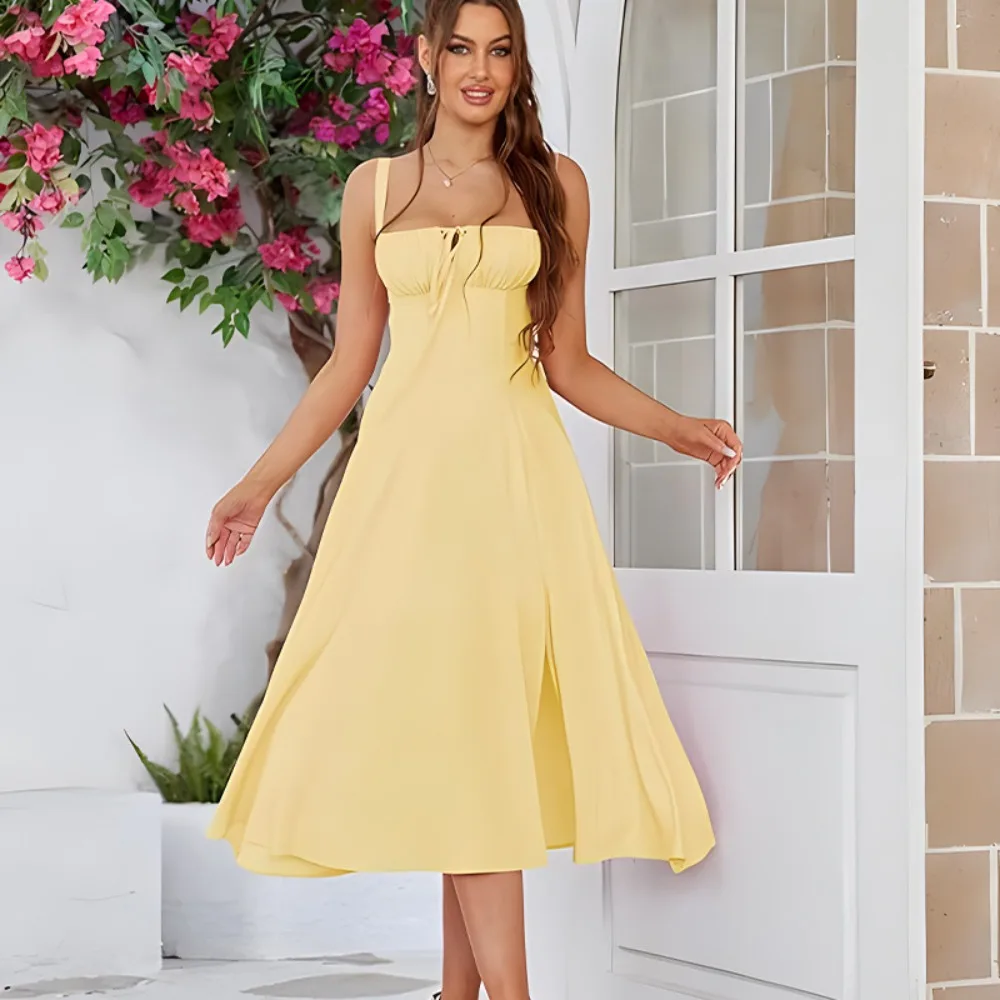 Nieuwe Zomer Mode Damesjurken Effen Vierkante Hals Cami Ruches Corset Taille Midi A-lijn Rokken Elegante Zomer Feestjurk Y2K