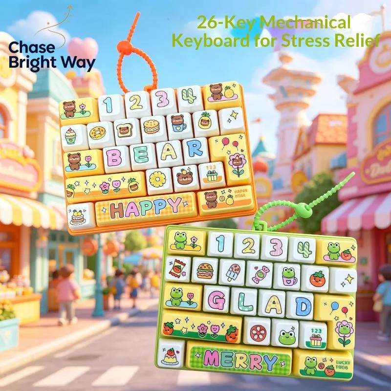 Stress Relief Keycap Clicker Toy 26 Grid Mini Keyboard Design Portable Keychain Fidget Toy for Long Commute Boredom Relief