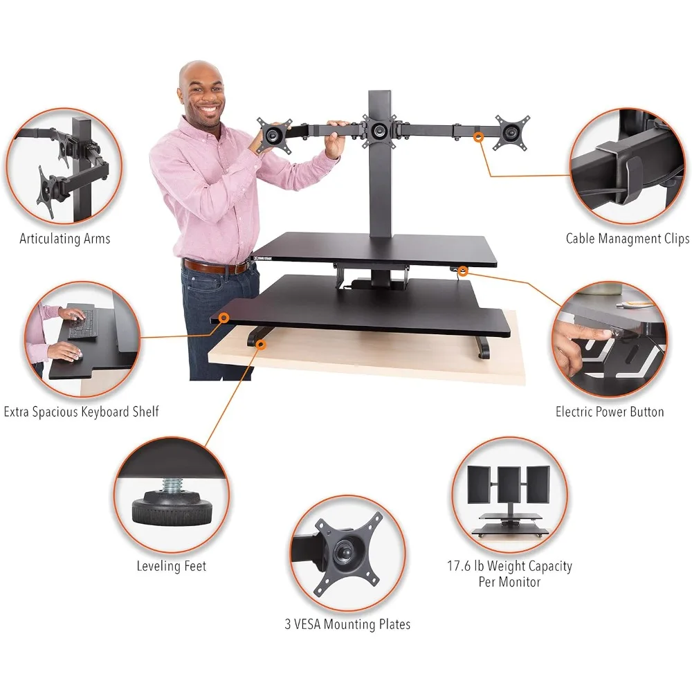 

Techtonic Electric Standing Desk Converter with Triple Monitor Mount, 3 Screen Support, Quiet Sit-Stand Desk