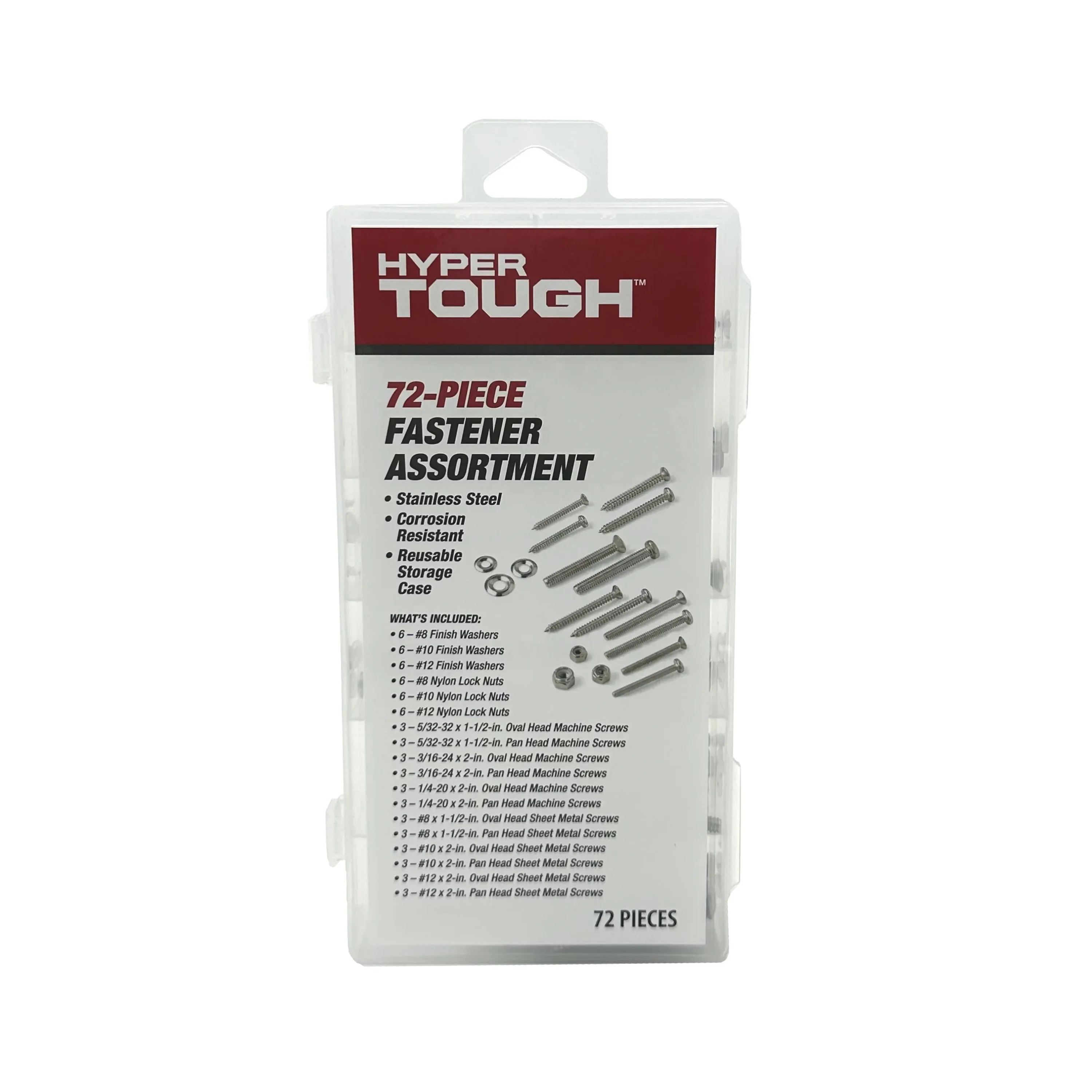 مجموعة براغي وصواميل من الفولاذ المقاوم للصدأ مكونة من 72 قطعة من Hyper Tough مع حقيبة تخزين شفافة، 5502