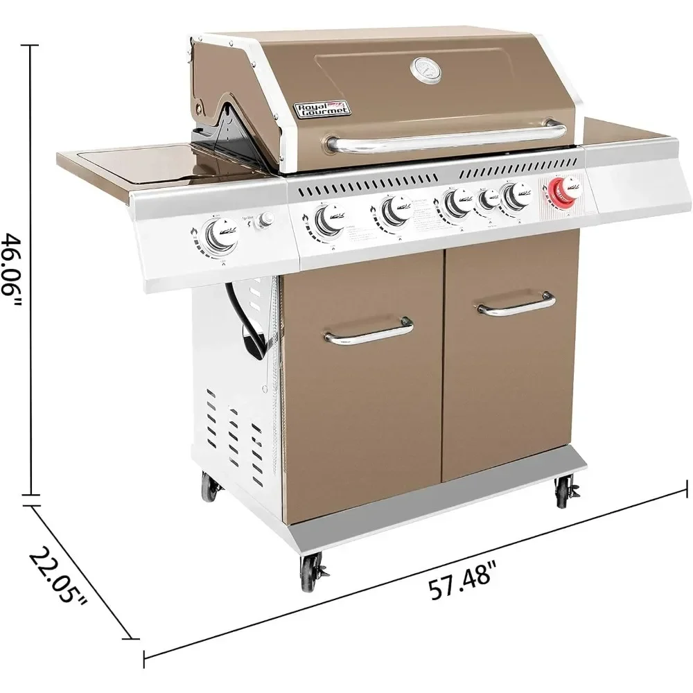 BBQ Grill of 5-Burner, Rotisserie Kit, Sear Burner, Rear Burner and Side Burner, Outdoor BBQ Grill