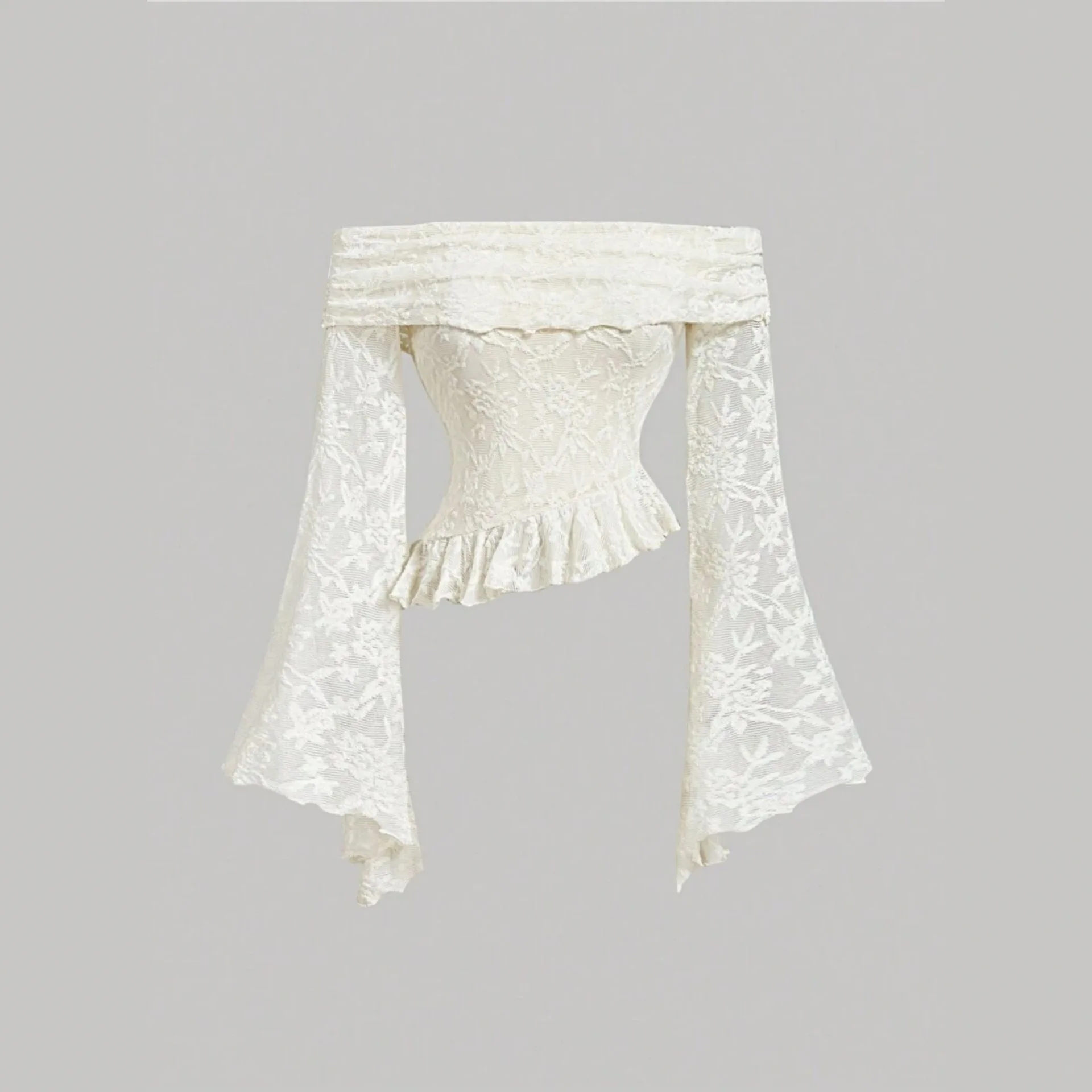 

5 Elegant Lace One-Neck Flared Sleeve Waist Short Top