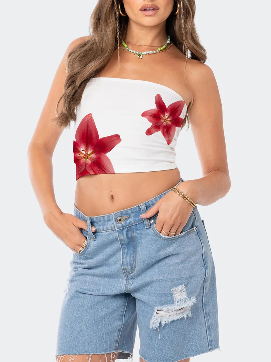 

Women Y2k Floral Tube Top Flower Print Strapless Sleeveless Graphic Bandeau Top Off Shoulder Going Out Crop Tank