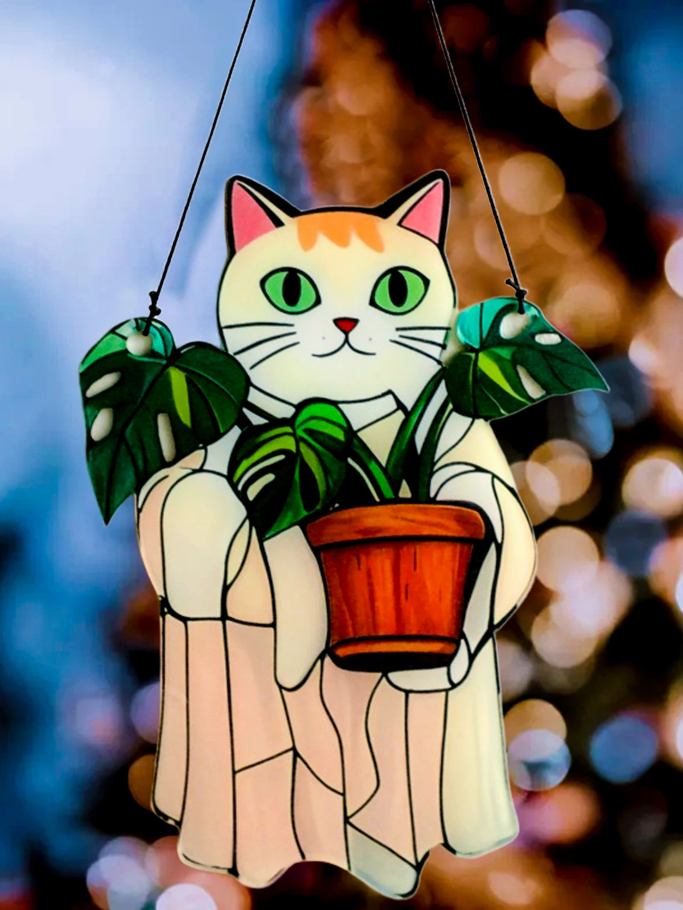 Weißer Katzen-Sonnenfänger aus Acryl, schwarze Katze mit Topfpflanze zum Aufhängen, Fensterdekoration, niedliche künstlerische Wandornamente für Zuhause, Garten