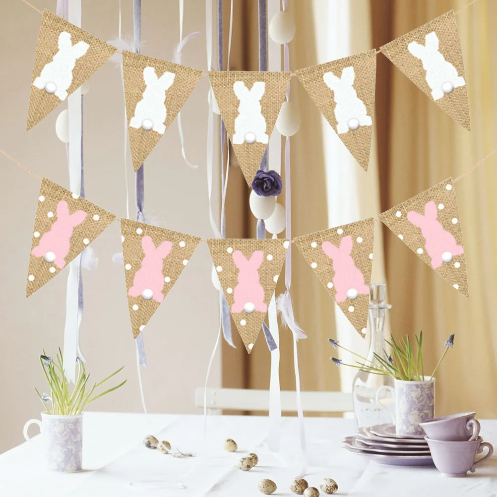 

2PCS Easter Burlap Pennant Flags Banners Rabbit Wave Point Banners Garland for Easter Party Decorations (White + Pink)