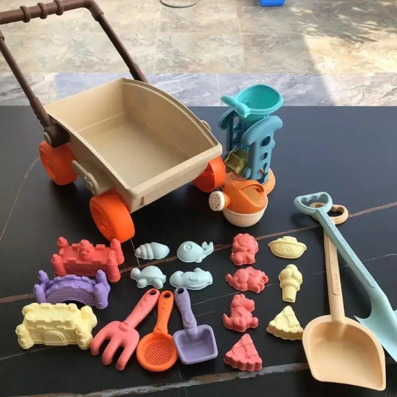 เกมชายหาดสำหรับเด็กวัยหัดเดิน Sandcastles Playset Sand Mold Cart Toy Kids Summer Gift Building Building Toy Toy 22pcs p31b