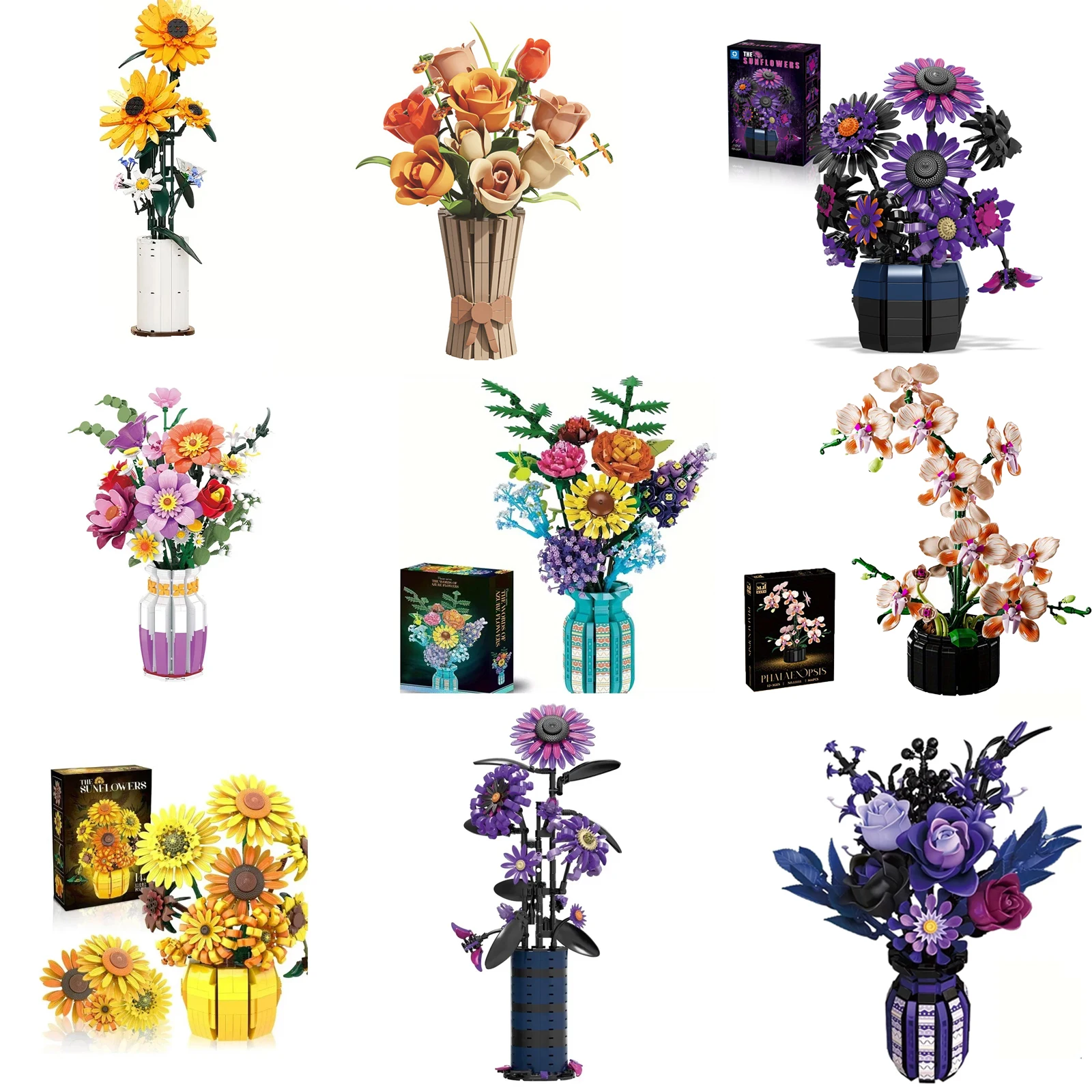 

Orchid Rose Sunflower for Women Gril 14+ Home Decor Gift, Flower Bouguet Building Block Set with Vase for Aducts