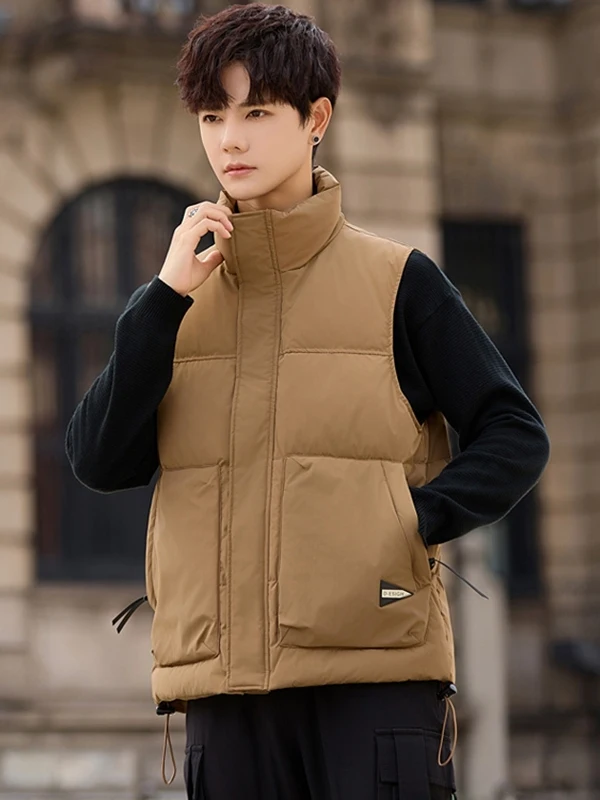 

Свободный универсальный теплый жилет с воротником-стойкой, утепленный пухом, мужской, осенне-зимний, новый стиль, с подплечниками, безрукавка