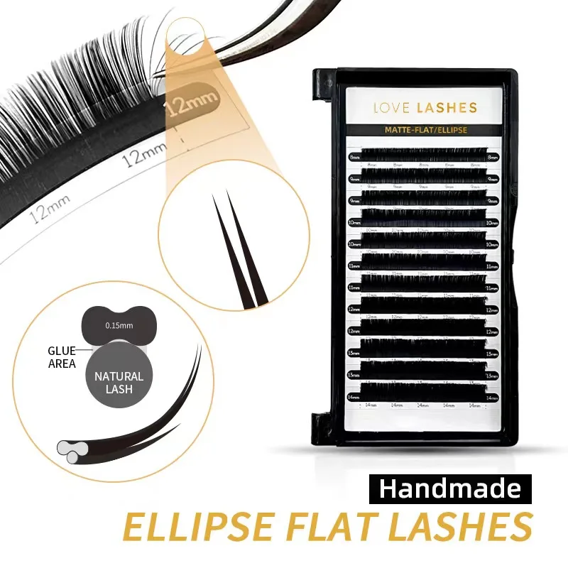 LOVE LASHES Ellipse Flat Eyelash Split Tips Individual Flase Mink Eyelashes Matte Black Ellipse Cashmere Lash Wholesale