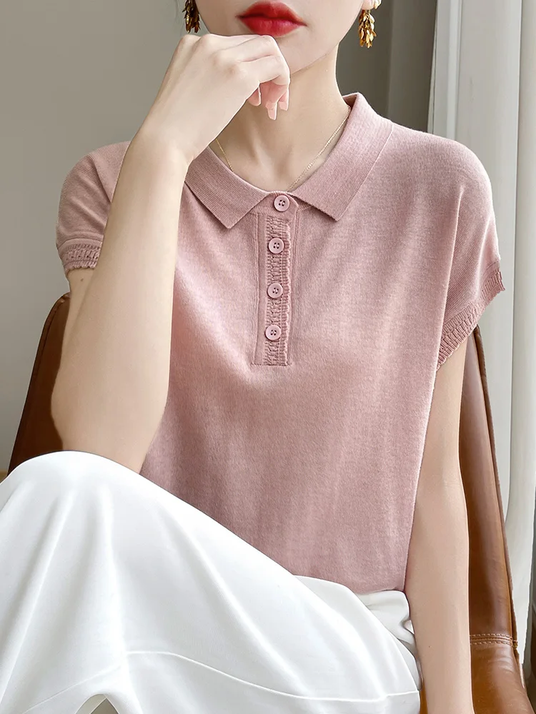 Letnia damska koszulka z dzianiny z jedwabiu lodowego, luźna, modna, w stylu koreańskim, codzienna, wygodna w noszeniu.