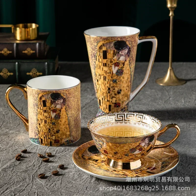 Klimt Kiss Bone China Mugs Coffee Cups With Spoon Gustav klimt Porcelain Wedding Birthday Gifts Office Household Drinkware