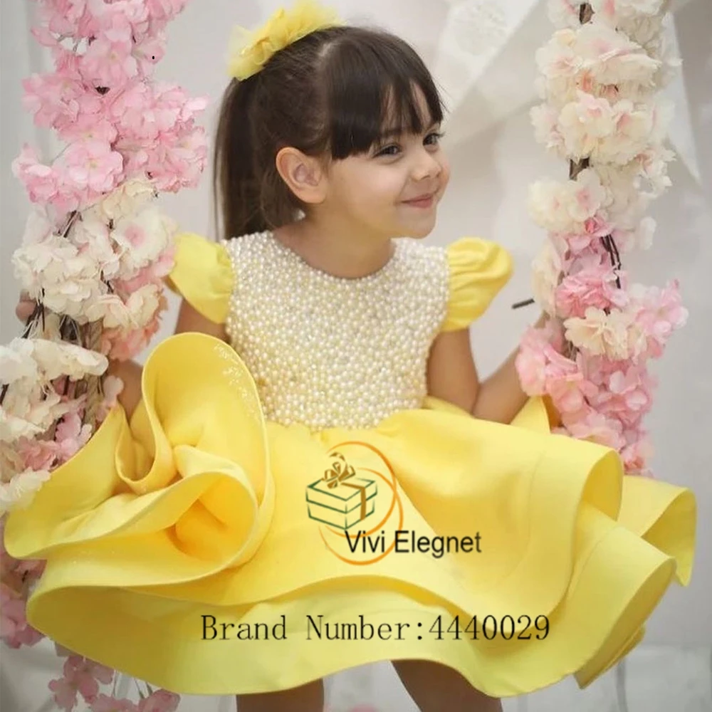 Robe jaune à fleurs pour filles, en satin, avec perles, pour première communion de princesse, fête de mariage, nouveauté 2023