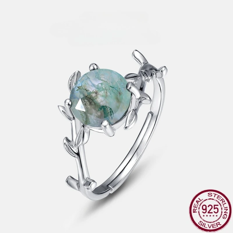 

New S925 Pure Silver Water Grass Agate Green Moss Stone Finger Ring Light Luxury European and American Wedding Jewelry