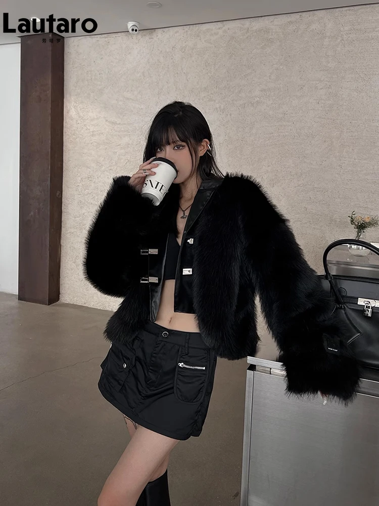 Lautaro Winter Cool Short Black Pu Leather Patchwork Faux Fur Coat Women Long Sleeve Luxury Designer Clothes Fluffy Jacket 2023