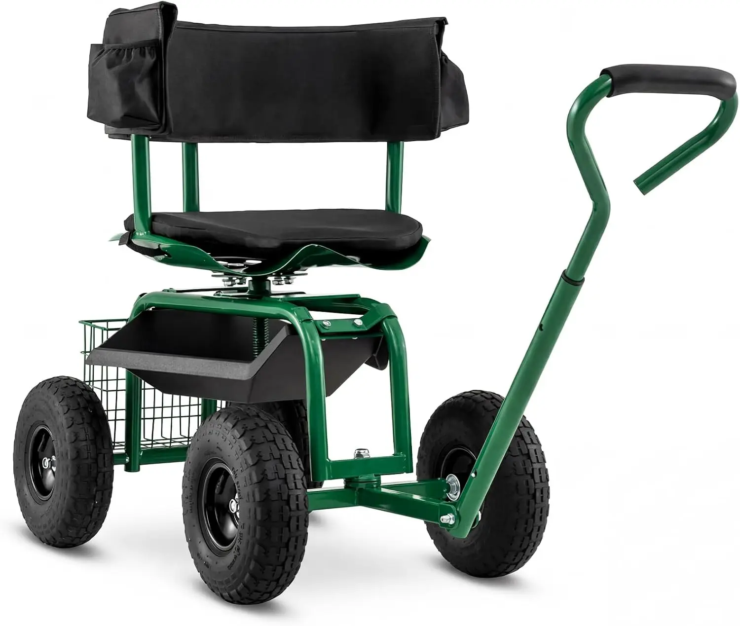Garden Seat with Wheels, Rolling Gardening Stool with Adjustable 360° Swivel Seat, Tool Tray & Storage Basket, Extendable