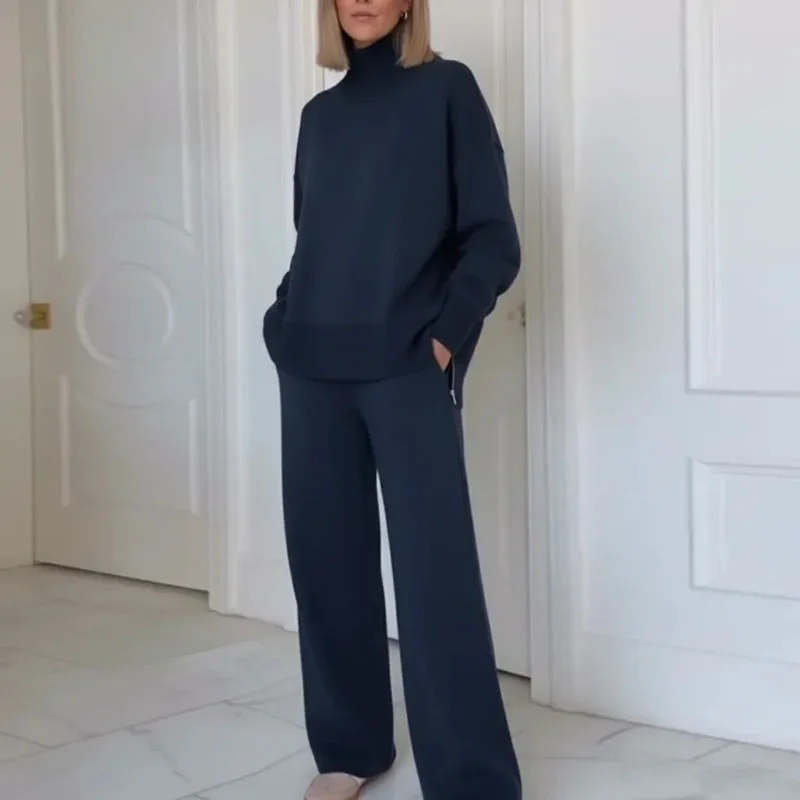 Frühling Rollkragen Sweatshirt & Casual Hosen Set Elegante Solide Patchwork Rippe Gestrickt Outfits Frau Lange Hülse Lose Herbst Anzüge