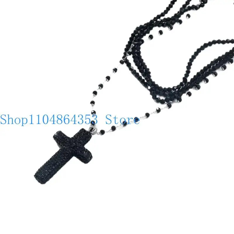 652F Fashionable Stackable Beaded Necklace Adjustable Length Crucifix Charm Clavicle Chain Neck Jewelry Accessories