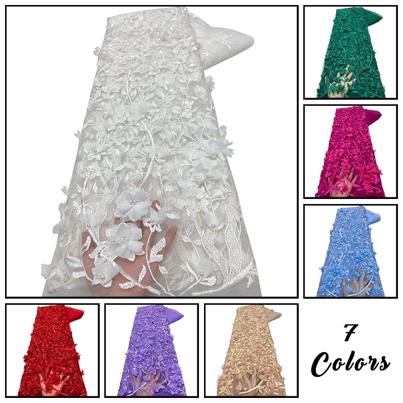 

1Yard 3d Lace Flower Embroidery Applique Fabric High Quality Flowers Fabrics For African Bridal Tulle Lace Fabrics Dresses